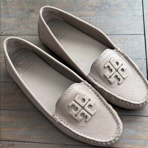 Tory Burch Taupe Leather Logo Driving Loafers